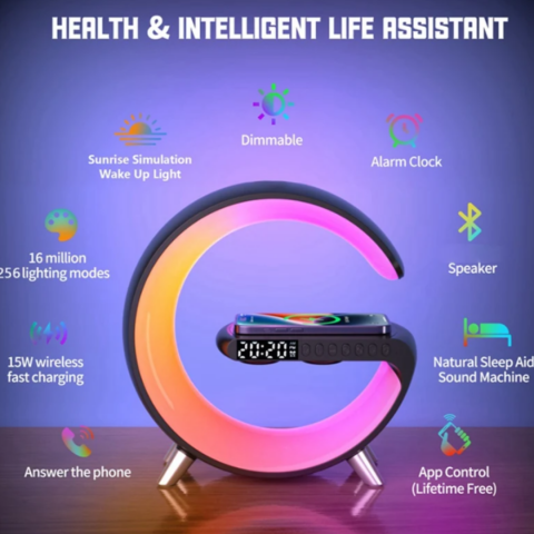 Lampă LED multifuncțională 4 în 1 cu încărcare wireless, Bluetooth și afișaj digital [2]