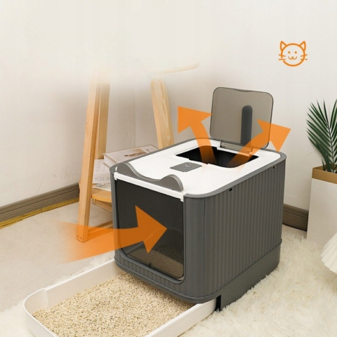 Litiera pisica inchisa cu 2 intrari, lopatica, filtru de odorizare, pliabila, Gri [3]