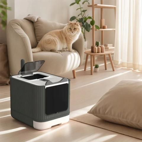 Litiera pisica inchisa cu 2 intrari, lopatica, filtru de odorizare, pliabila, Gri [2]