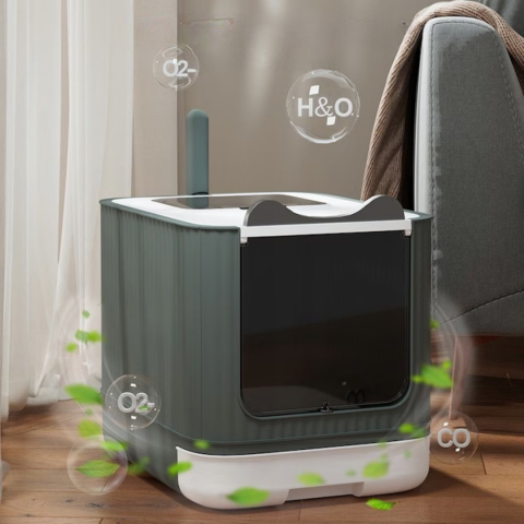 Litiera pisica inchisa cu 2 intrari, lopatica, filtru de odorizare, pliabila, Gri [6]