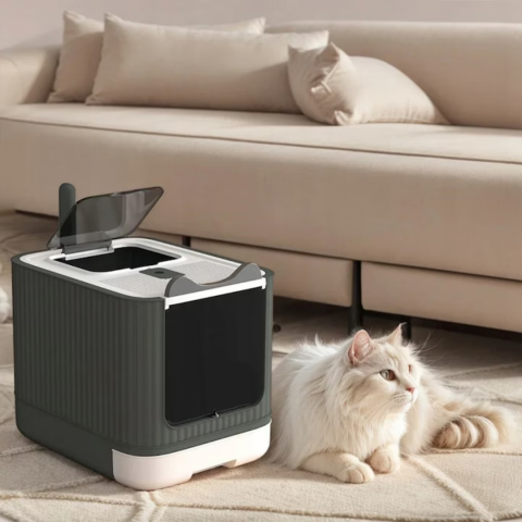 Litiera pisica inchisa cu 2 intrari, lopatica, filtru de odorizare, pliabila, Gri [8]