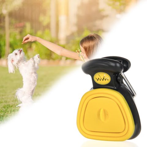 Lopățică tip clește pentru adunat excremente, cu pungi de unică folosință, atașabilă la lesă sau zgardă, galben/negru [1]