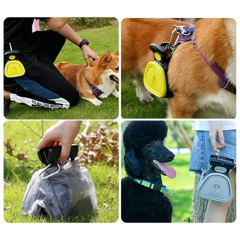 Lopățică tip clește pentru adunat excremente, cu pungi de unică folosință, atașabilă la lesă sau zgardă, galben/negru [4]