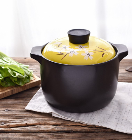 Casă și Grădină - Oala din material ceramic cu capac, rezistenta la temperaturi inalte, capacitate 5.5L, Culoare Negru, Galben