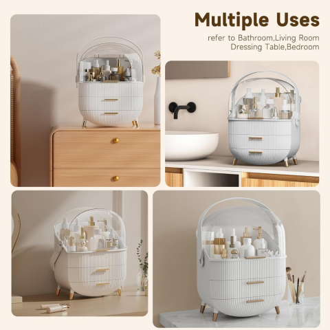 Organizator cosmetice, 3 sertare și capac transparent, Alb [4]