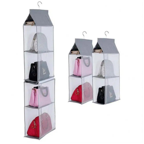 Raft textil depozitare poșete/genți, cu 2 compartimente, Gri/Bej [4]