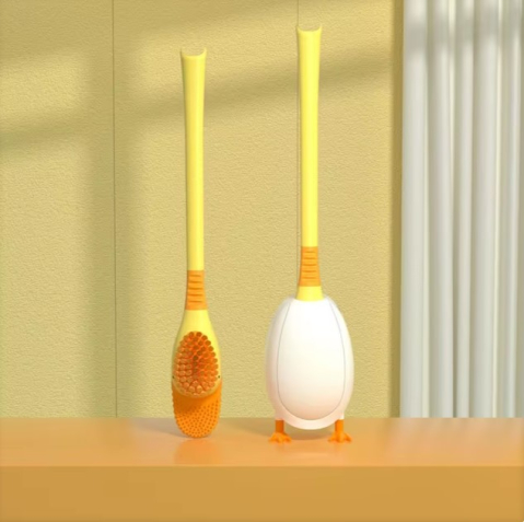 Baie - Perie pentru curatare toaleta si cada in forma de ratusca, uscare rapida, pentru perete sau podea, 2 tipuri de curatare, silicon, suport inchis/deschis igienic, Portocaliu