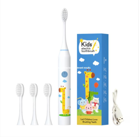 Periuta de dinti electrica sonica, pentru copii, 4 capete incluse,19 cm, temporizator inteligent, rezistenta la apa, model Girafa, alb [3]