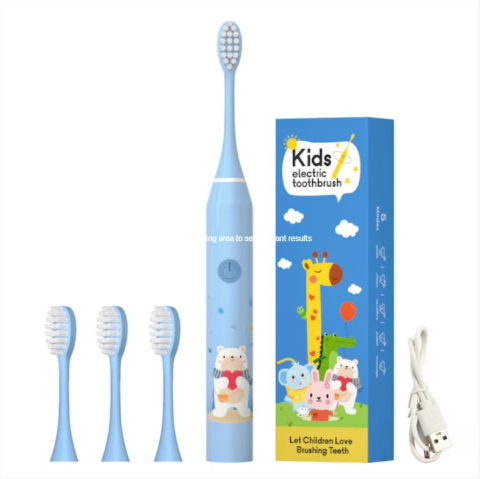 Periuțe de dinți electrice - Periuta de dinti electrica sonica, pentru copii, 4 capete incluse,19 cm, temporizator inteligent, rezistenta la apa, model Ursulet, bleu