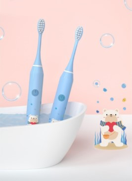 Periuta de dinti electrica sonica, pentru copii, 4 capete incluse,19 cm, temporizator inteligent, rezistenta la apa, model Ursulet, bleu [2]