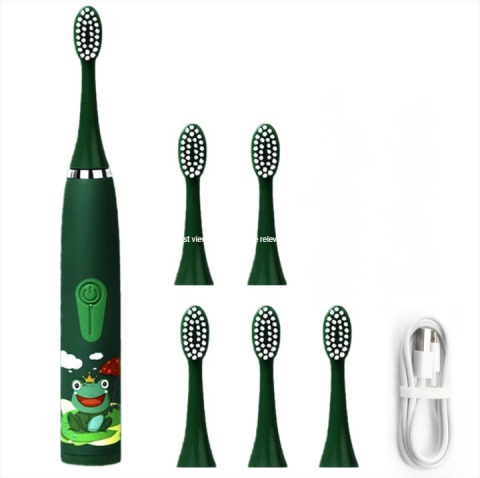 Periuta de dinti electrica sonica, pentru copii, 6 capete incluse, temporizator inteligent, rezistenta la apa, model Broscuta, verde [1]