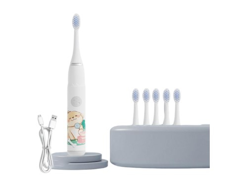 Periuțe de dinți electrice - Periuta de dinti electrica sonica, pentru copii, 6 capete incluse, temporizator inteligent, rezistenta la apa, model Catelus, Alb