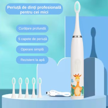 Periuta de dinti electrica sonica, pentru copii, 6 capete incluse, temporizator inteligent, rezistenta la apa, model Girafa, alb [2]