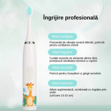 Periuta de dinti electrica sonica, pentru copii, 6 capete incluse, temporizator inteligent, rezistenta la apa, model Girafa, alb [3]