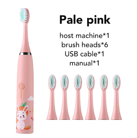 Periuțe de dinți electrice - Periuta de dinti electrica sonica, pentru copii, 6 capete incluse, temporizator inteligent, rezistenta la apa, model Iepuras, roz