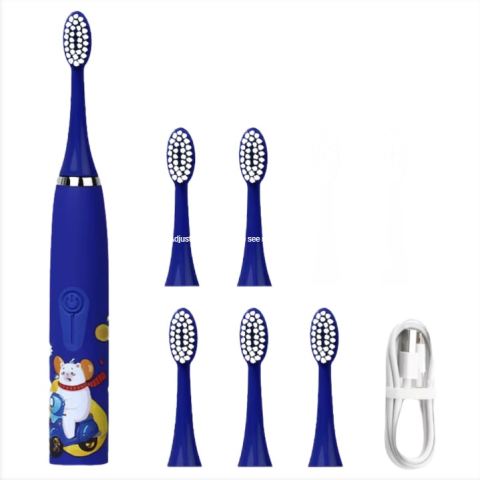 Periuțe de dinți electrice - Periuta de dinti electrica sonica, pentru copii, 6 capete incluse, temporizator inteligent, rezistenta la apa, model Ursulet, Albastru