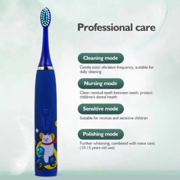 Periuta de dinti electrica sonica, pentru copii, 6 capete incluse, temporizator inteligent, rezistenta la apa, model Ursulet, Albastru [1]