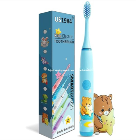 Periuta de dinti electrica sonica, pentru copii, 6 capete incluse, temporizator inteligent, rezistenta la apa, model Ursulet cu steluta, Bleu [1]