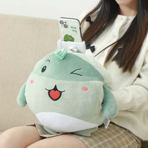 Pernă de pluș, model dinozaur, cu suport telefon integrat, verde [1]