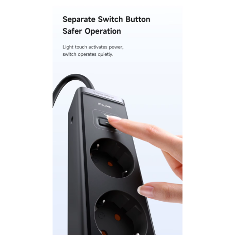 Prelungitor Smart Securizat, 3 Prize, 2 Porturi USB-C, 1 Port USB, Incarcare Rapida, 1.5 Metri, Negru [8]