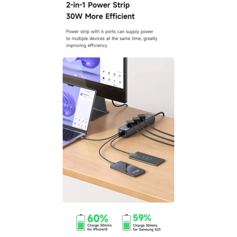 Prelungitor Smart Securizat, 3 Prize, 2 Porturi USB-C, 1 Port USB, Incarcare Rapida, 1.5 Metri, Negru [3]