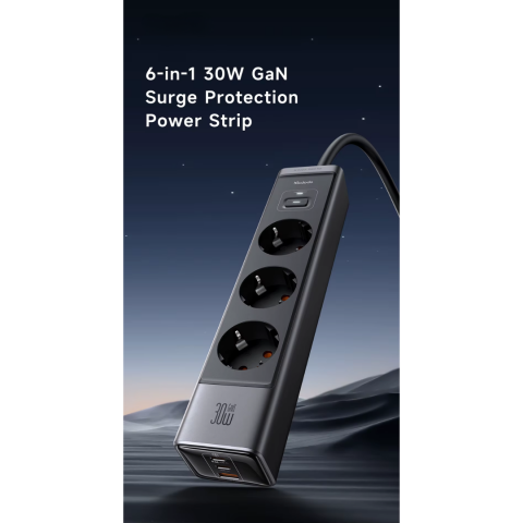 Prelungitor Smart Securizat, 3 Prize, 2 Porturi USB-C, 1 Port USB, Incarcare Rapida, 1.5 Metri, Negru [1]