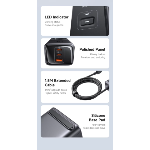 Prelungitor Smart Securizat, 3 Prize, 2 Porturi USB-C, 1 Port USB, Incarcare Rapida, 1.5 Metri, Negru [12]