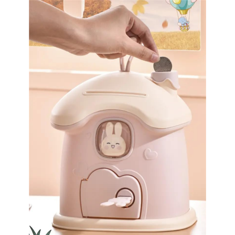 Pusculiță pentru copii, în formă de căsuță cu cheie, Roz [1]