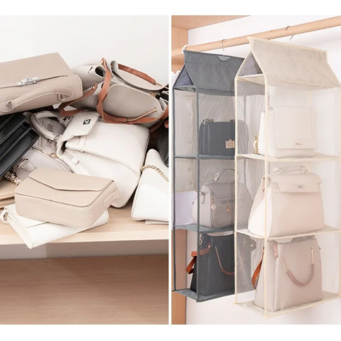 Raft textil depozitare poșete/genți, cu 4 compartimente, Gri/Bej [3]