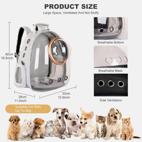 Rucsac transport animale cu greutate maximă 6.5 kg, hublou transparent, buzunar lateral, gri [6]