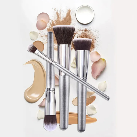Set 10 pensule machiaj, cu inserție metalică, Argintiu [4]