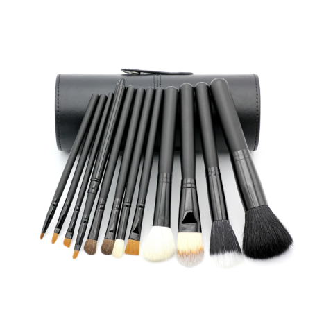 Îngrijire personală - Set 12 pensule machiaj cu suport cilindric din piele ecologică, Negru