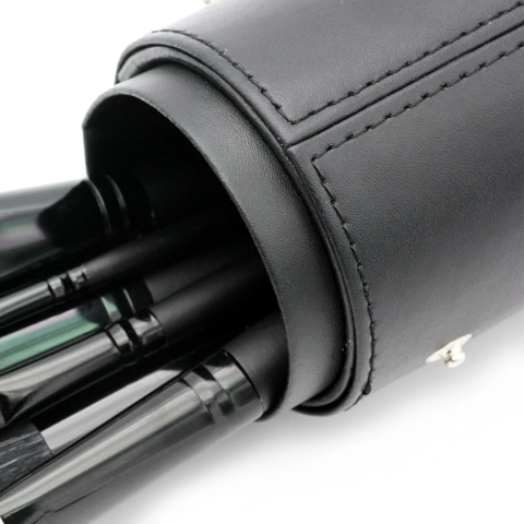 Set 12 pensule machiaj cu suport cilindric din piele ecologică, Negru [1]