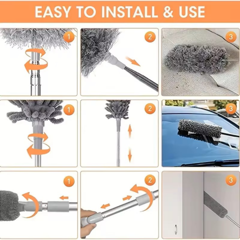 Set 3 perii pentru șters praful cu tijă retractabilă, extensibilă, și cap flexibil, din microfibră [2]