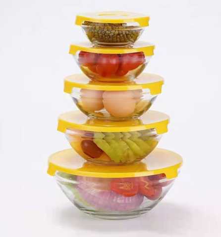 Depozitare și Organizare - Set 5 boluri din sticla cu capac din plastic, Galben