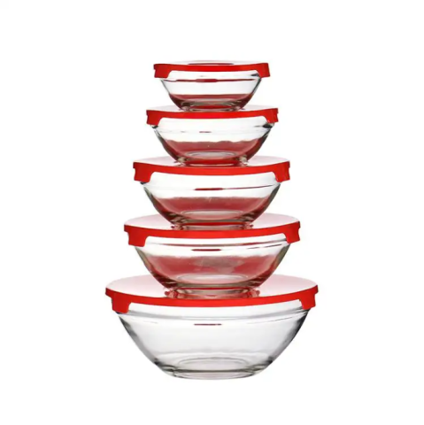 Depozitare și Organizare - Set 5 boluri din sticla cu capac din plastic, Rosu