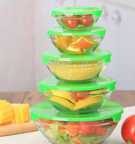 Depozitare și Organizare - Set 5 boluri din sticla cu capac din plastic, Verde