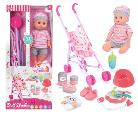 Jucării fete - Set bebelus cu 12 sunete si carucior plus accesorii pentru fetite cu varsta 36luni++