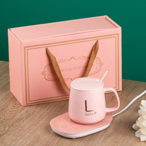 Set cadou cana ceramica cu baza incalzitor cu inductie, suport cu incalzire smart, buton touch, functie auto-oprire, Roz [2]