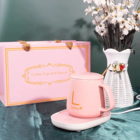 Set cadou cana ceramica cu baza incalzitor cu inductie, suport cu incalzire smart, buton touch, functie auto-oprire, Roz [3]