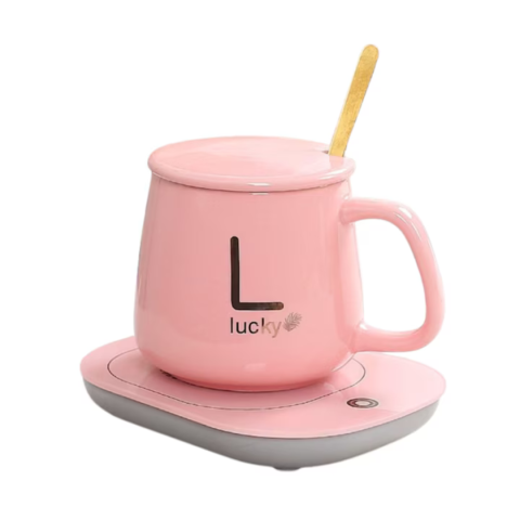 Cadouri - Set cadou cana ceramica cu baza incalzitor cu inductie, suport cu incalzire smart, buton touch, functie auto-oprire, Roz
