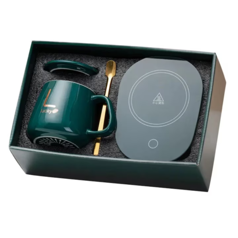 Cadouri - Set cadou cana ceramica cu baza incalzitor cu inductie, suport cu incalzire smart, buton touch, functie auto-oprire, Verde
