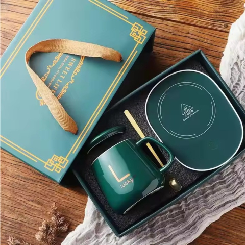 Set cadou cana ceramica cu baza incalzitor cu inductie, suport cu incalzire smart, buton touch, functie auto-oprire, Verde [3]