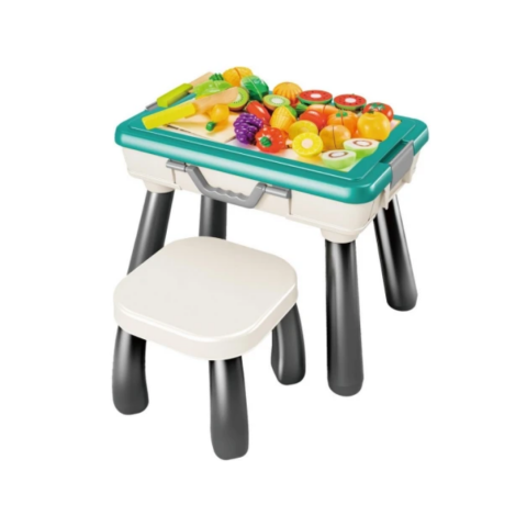 Jucării educative - Set masă și scaun pentru copii cu spațiu de depozitare și fructe/legume
