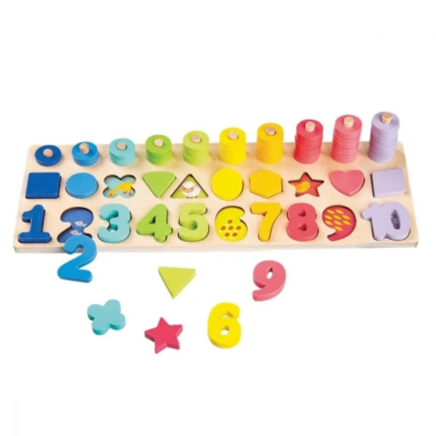 Jocuri și jucării - Set puzzle din lemn cu cifre, forme și inele colorate