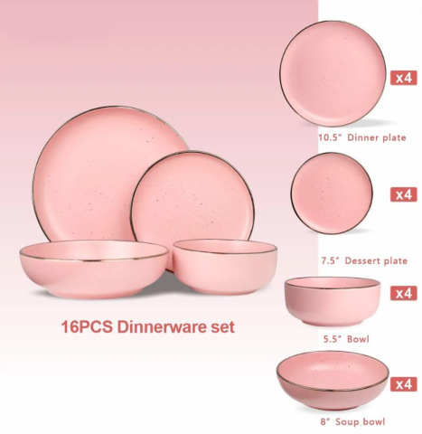 Servirea Mesei - Set serviciu de masa, 16 piese Ceramica, 2 farfurii +2 boluri, Roz