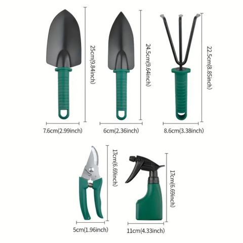 Set unelte pentru grădinărit cu carcasă, 5 piese, verde [2]