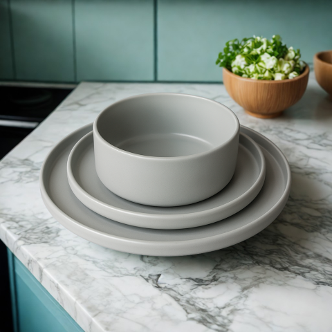 Casă și Grădină - Set veselă 12 piese, ceramică, gri deschis, pentru 4 persoane, design modern