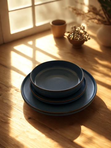 Casă și Grădină - Set vesela 12 piese, pentru 4 persoane, Ceramica, design modern, culoare Albastru marin