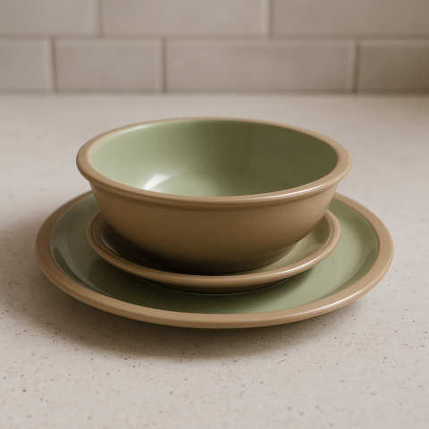 Casă și Grădină - Set vesela 12 piese, pentru 4 persoane, Ceramica, design modern, culoare Bej, vernil